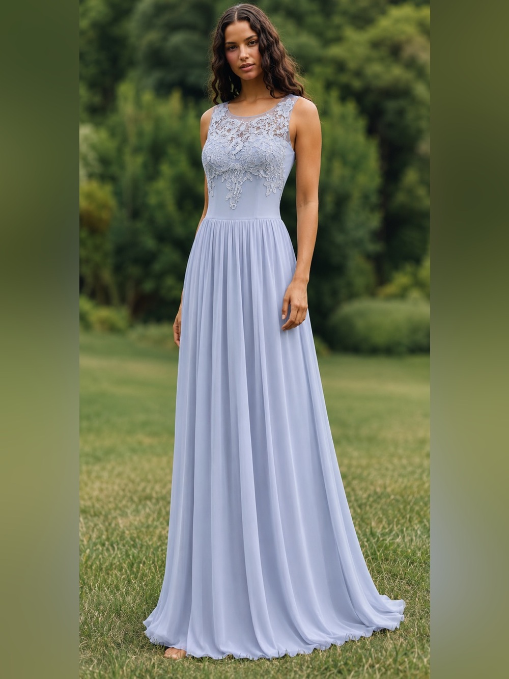 NWT Dusty Periwinkle Blue Chiffon Maxi
Gown Floral Lace Illusion Bodice M,L,S